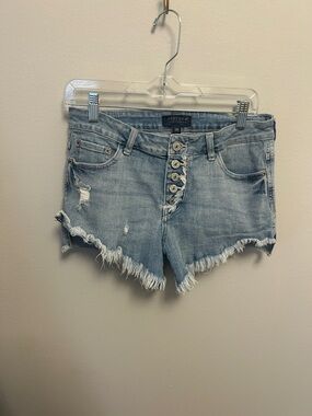 Just USA Faded Light Blue Button-Front Frayed Denim Shorts